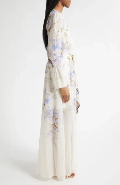 Zimmermann Luna Belted Printed Silk Satin-trimmed Chiffon Maxi Dress In Multi