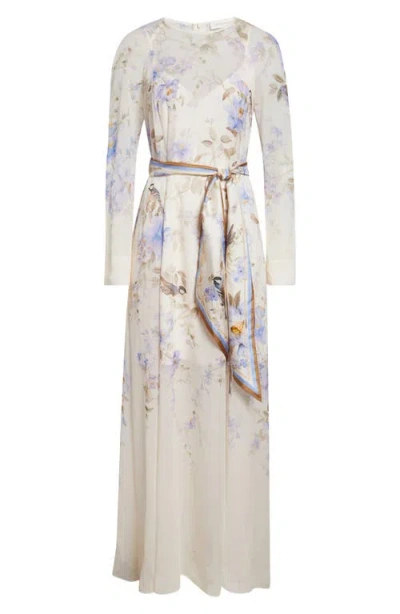 Zimmermann Luna Belted Printed Silk Satin-trimmed Chiffon Maxi Dress In Multi