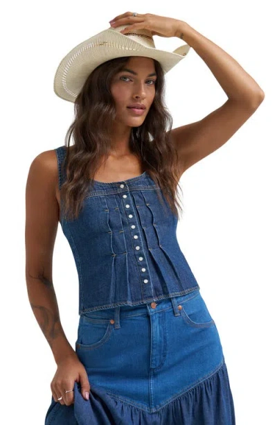 Wrangler Pleated Denim Corset Tank In Blue