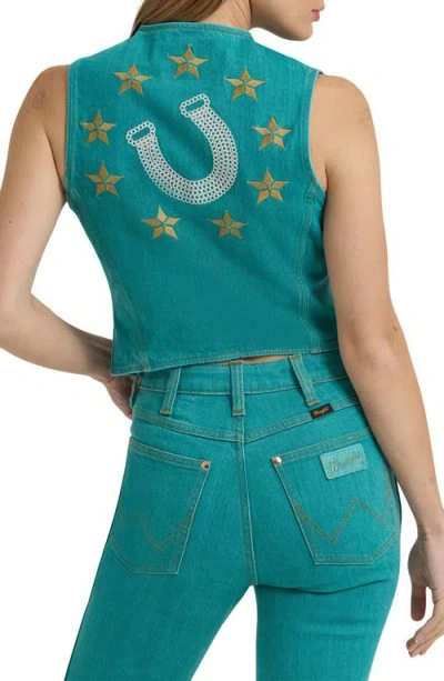 Wrangler X Lainey Wilson Embroidered Denim Vest In Green