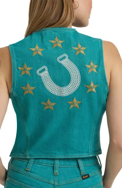 Wrangler X Lainey Wilson Embroidered Denim Vest In Green