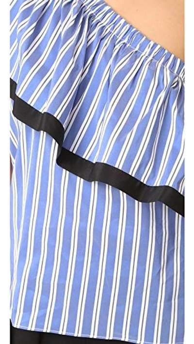 Shop Milly Silk Stripe One Shoulder Top In Blue