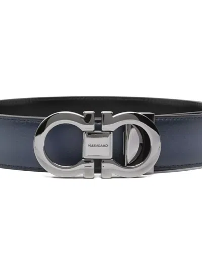 Ferragamo Navy Blue Logo Buckle Solid Belt In Blue