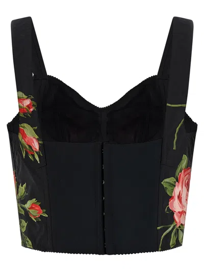 Dolce & Gabbana Top Nero In Seta Con Stampa Floreale Dolce E Gabbana In Black