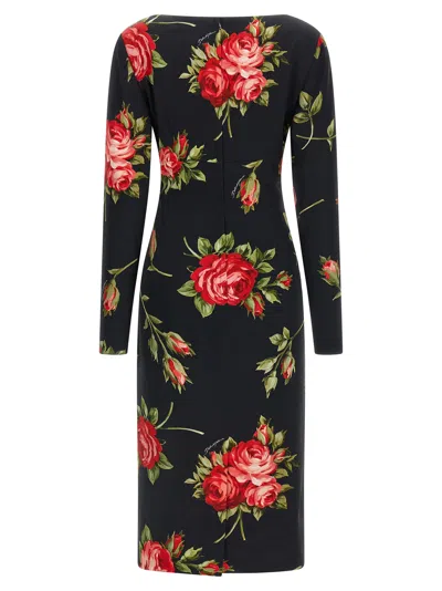 Dolce & Gabbana Rose-print Satin Long-sleeve Midi Dress In Black