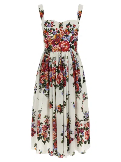 Dolce & Gabbana White Cotton Midi Dress With Floral Print Dolce E Gabbana In Multi