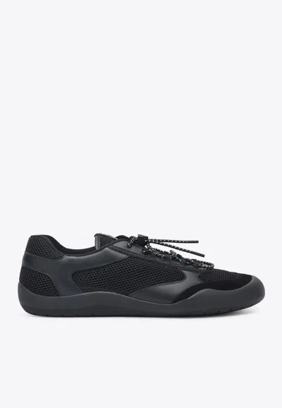 Prada Speedrock Leather And Mesh Fabric Sneakers Shoes In Black