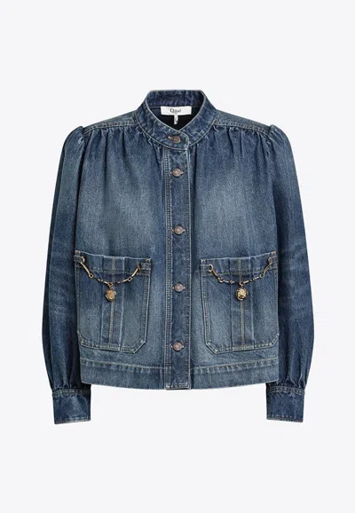 Chloé Blue Jacket With High Neck And Chain Detail On The Front In Denim Woman
