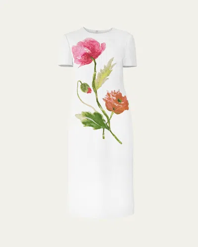 Carolina Herrera Poppy Print Short Sleeve Stretch Crepe Sheath Dress In White