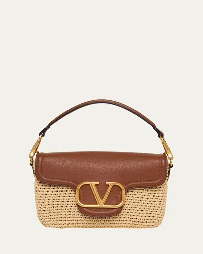 Valentino Garavani  Garavani Alltime Shoulder Bag In Raffia And Grainy Calfskin With Ribbon In Brown