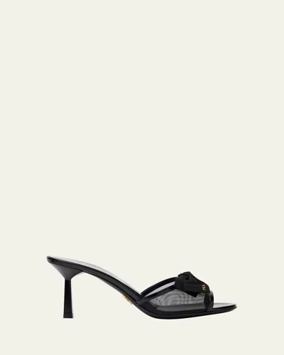 Prada 75mm Logo Bow Mesh Mule Sandals In Multi