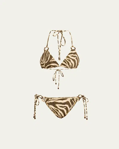 Zimmermann Wanderlust Ring-tie Zebra-pattern Bikini In Green