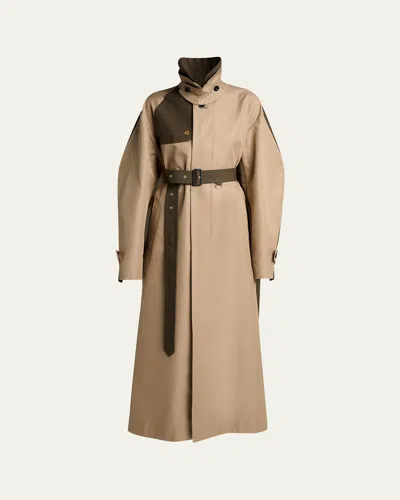 Sacai Womens Beige Brown Contrast-panels Belted Cotton-blend Trench Coat Xs