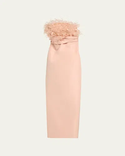 Oscar De La Renta Feather-trimmed Silk Faille Bustier Gown In Pink