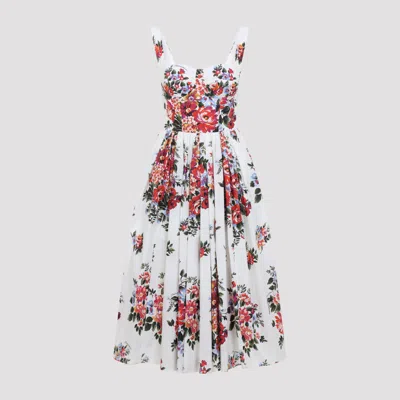 Dolce & Gabbana White Cotton Midi Dress With Floral Print Dolce E Gabbana In Multi
