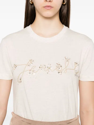 Fendi Beige Cotton And Linen T-shirt With Logo In White