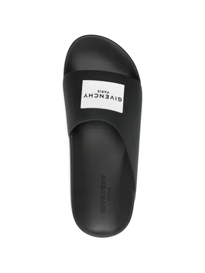 Givenchy Black Sandals With Wide Band And Contrasting Logo Patch In Rubber Man