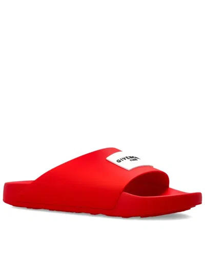 Givenchy Red Polyurethane Label Slide Flat Sandal In Red