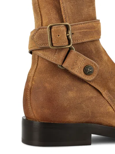 Burberry Suede Ankle Boots Block Heel Pull Tab In Brown