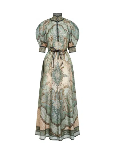 Zimmermann Womens Tapestry Teal Multi Wanderlust Billow Puffed-short-sleeves Silk Midi Dress In Gray