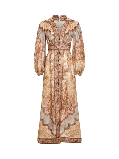 Zimmermann Wanderlust Multicolor Long Dress With V Neck And All-over Paisley Motif In Linen Woman