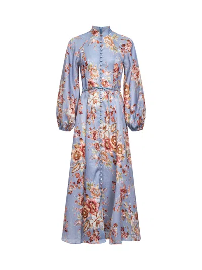 Zimmermann Womens Chambray Floral Billow Long-sleeve Linen Maxi Dress Xxs In Blue