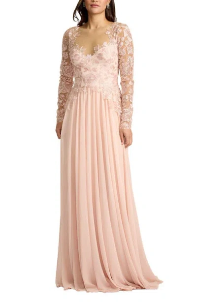 Tadashi Shoji Illusion Lace Embroidered Sleeve Gown In White
