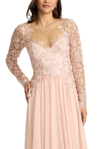 Tadashi Shoji Illusion Lace Embroidered Sleeve Gown In White