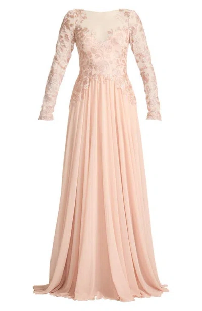 Tadashi Shoji Illusion Lace Embroidered Sleeve Gown In White