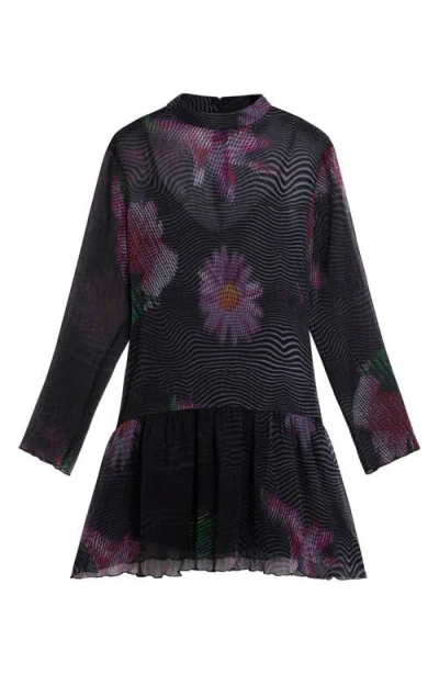 Desigual Print Ruffle Hem Long Sleeve Dress In Multi