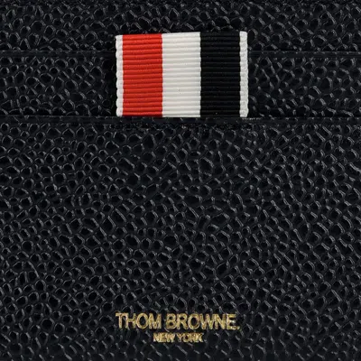Thom Browne Textured Cowhide Leather Card Wallet With Iconic Striped Tab In Black