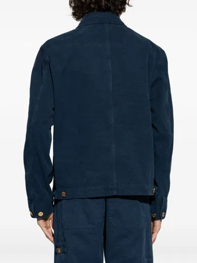 Versace Collared Jacket Front Pockets Gold Tone Hardware In Blue