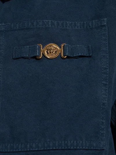 Versace Collared Jacket Front Pockets Gold Tone Hardware In Blue