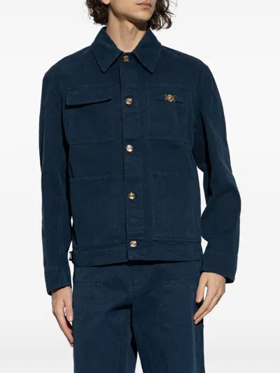 Versace Collared Jacket Front Pockets Gold Tone Hardware In Blue