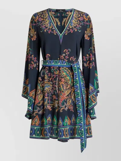 Etro Paisley Silk Belted Bell-sleeve Mini Dress In Blue