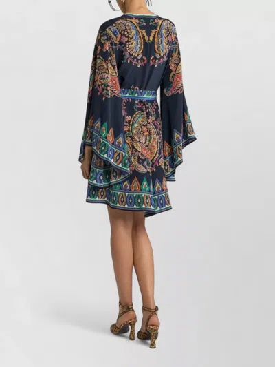 Etro Paisley Silk Belted Bell-sleeve Mini Dress In Blue