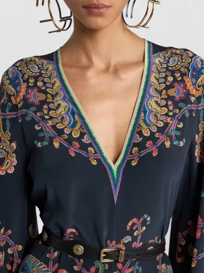 Etro Paisley Silk Belted Bell-sleeve Mini Dress In Blue