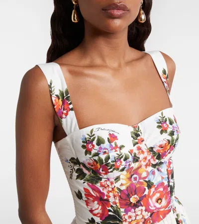 Dolce & Gabbana White Cotton Midi Dress With Floral Print Dolce E Gabbana In Multi