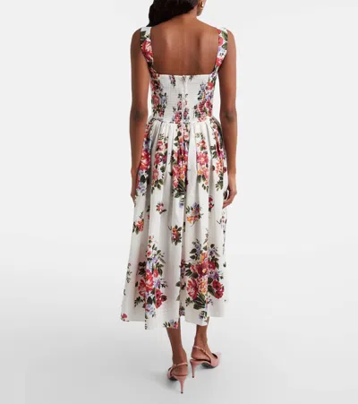 Dolce & Gabbana White Cotton Midi Dress With Floral Print Dolce E Gabbana In Multi