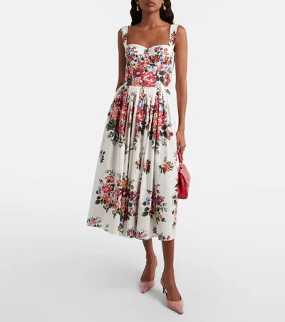 Dolce & Gabbana White Cotton Midi Dress With Floral Print Dolce E Gabbana In Multi