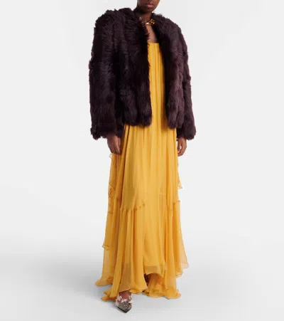 Chloé Oversized Shearling Short Coat In Brown