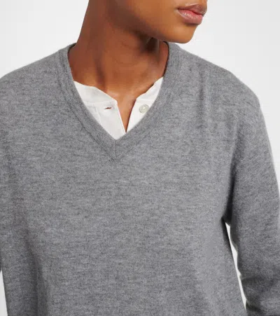 The Row Nian Long Sleeve Top Ribbed V Neckline In Gray