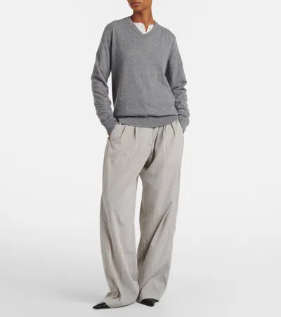 The Row Nian Long Sleeve Top Ribbed V Neckline In Gray