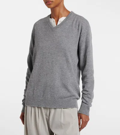 The Row Nian Long Sleeve Top Ribbed V Neckline In Gray