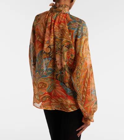 Etro Printed Ruffled Silk Blouse In Brown