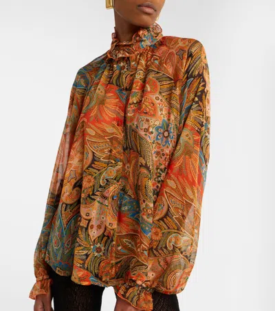 Etro Printed Ruffled Silk Blouse In Brown