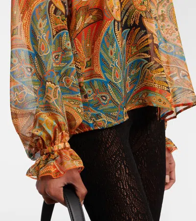 Etro Printed Ruffled Silk Blouse In Brown