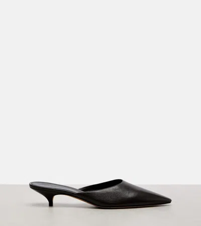 The Row Liisa Leather Kitten Heel Pointed Toe Mules In Black