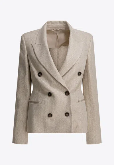 Brunello Cucinelli Women Double-breasted Jacket In Linen And Cotton With Chevron Pattern In Gray