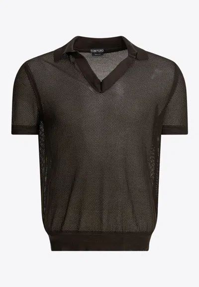 Tom Ford Mens Chocolate Open-collar Mesh Cotton And Silk-blend Polo Top In Brown